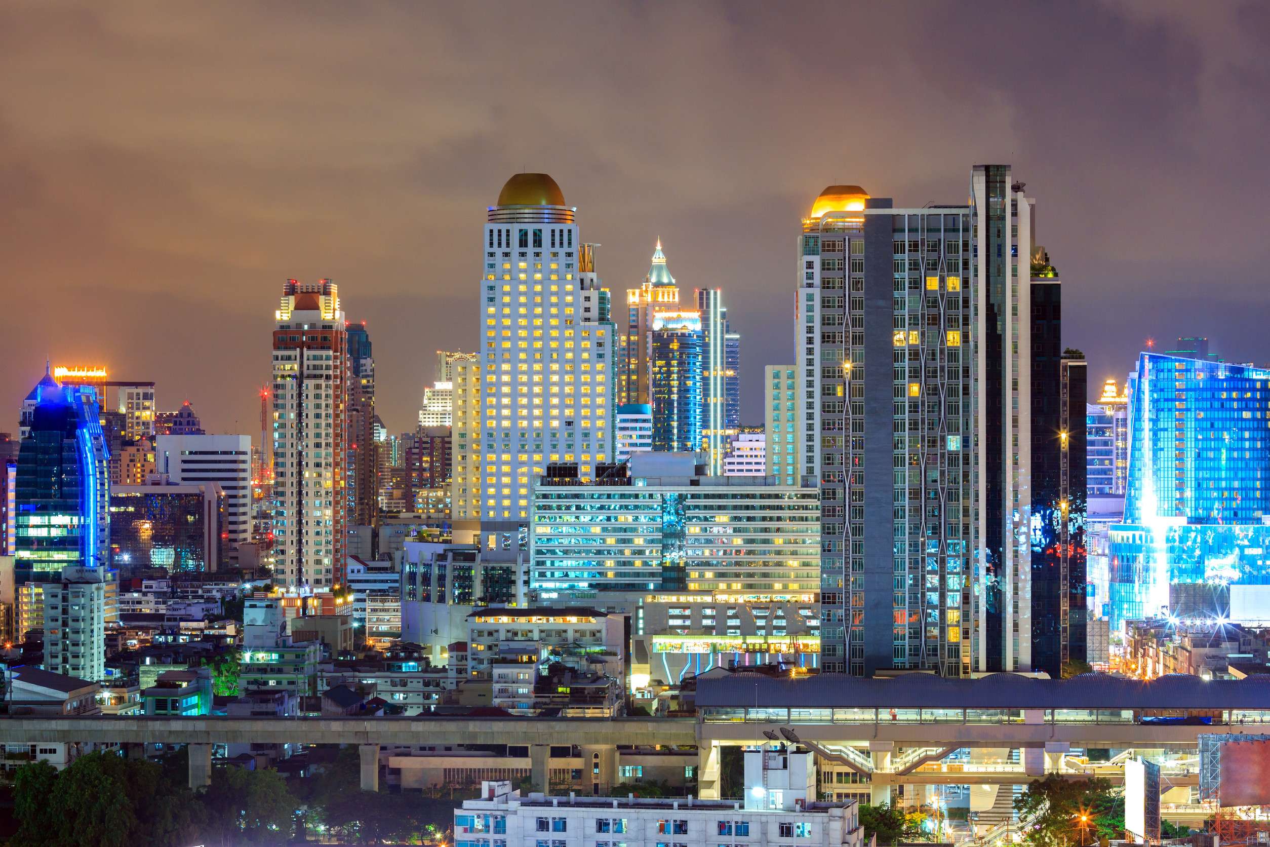 Aerial View Of Bangkok Downtown In Business Area At Night
