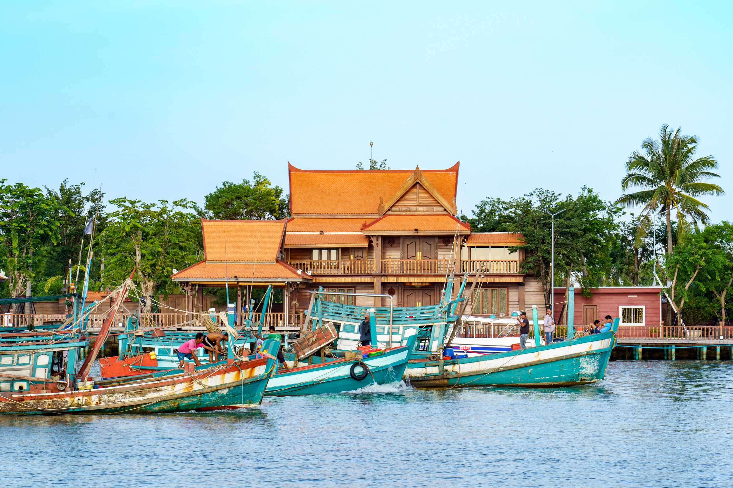 Boats docked along Kampot river