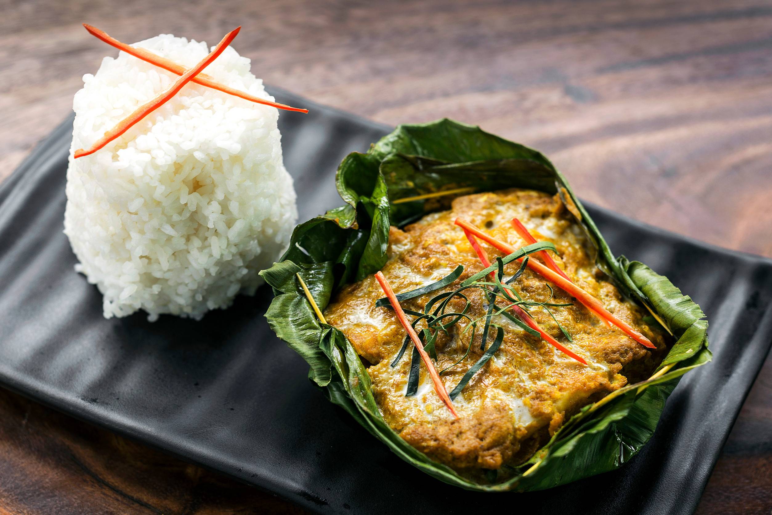 Cambodian fish amok, served with rice