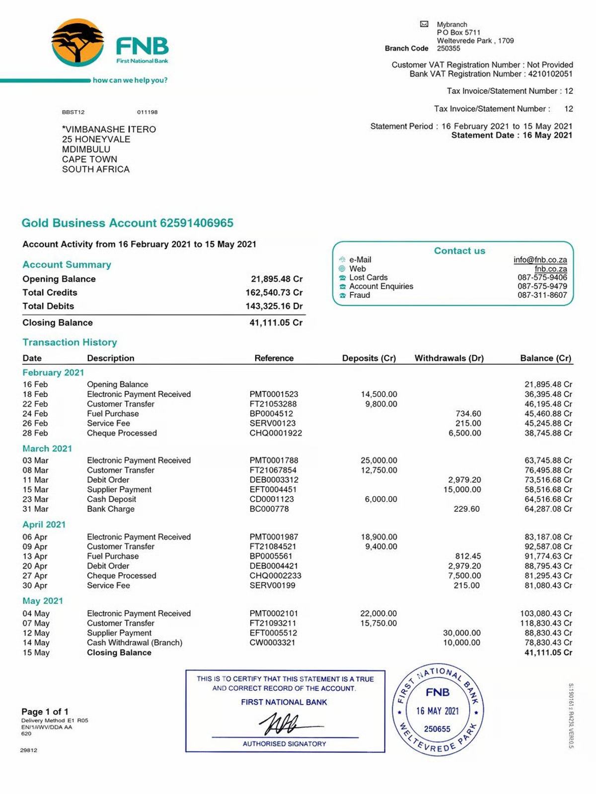 Certified Bank Statement Sample