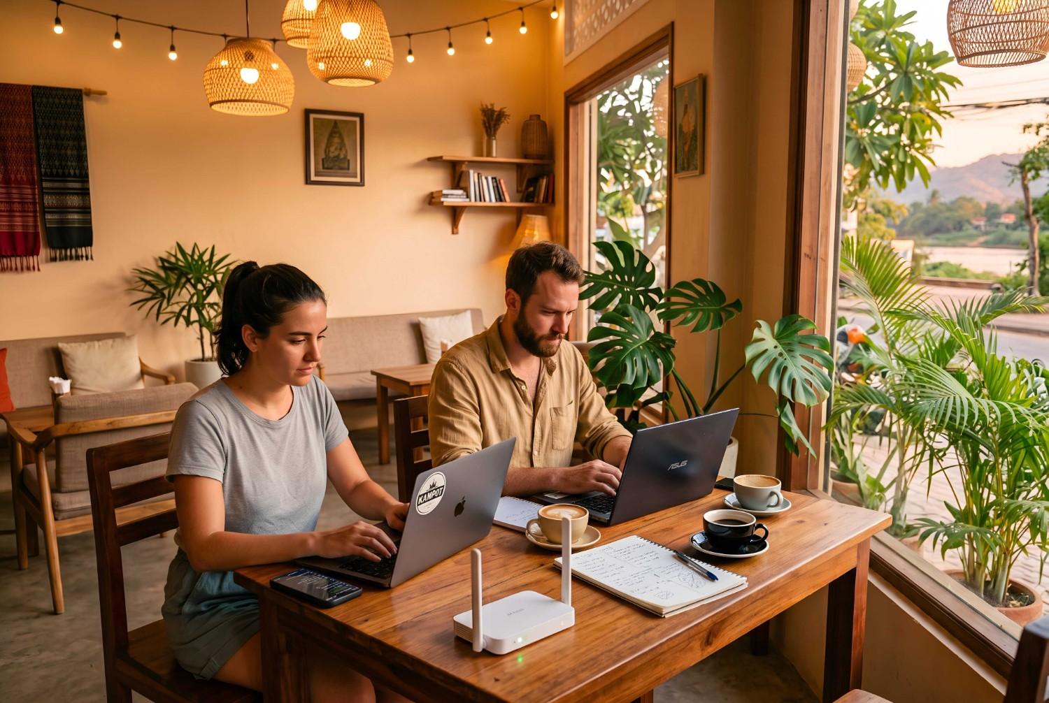 Freelancers Working At A Cambodian Caf
