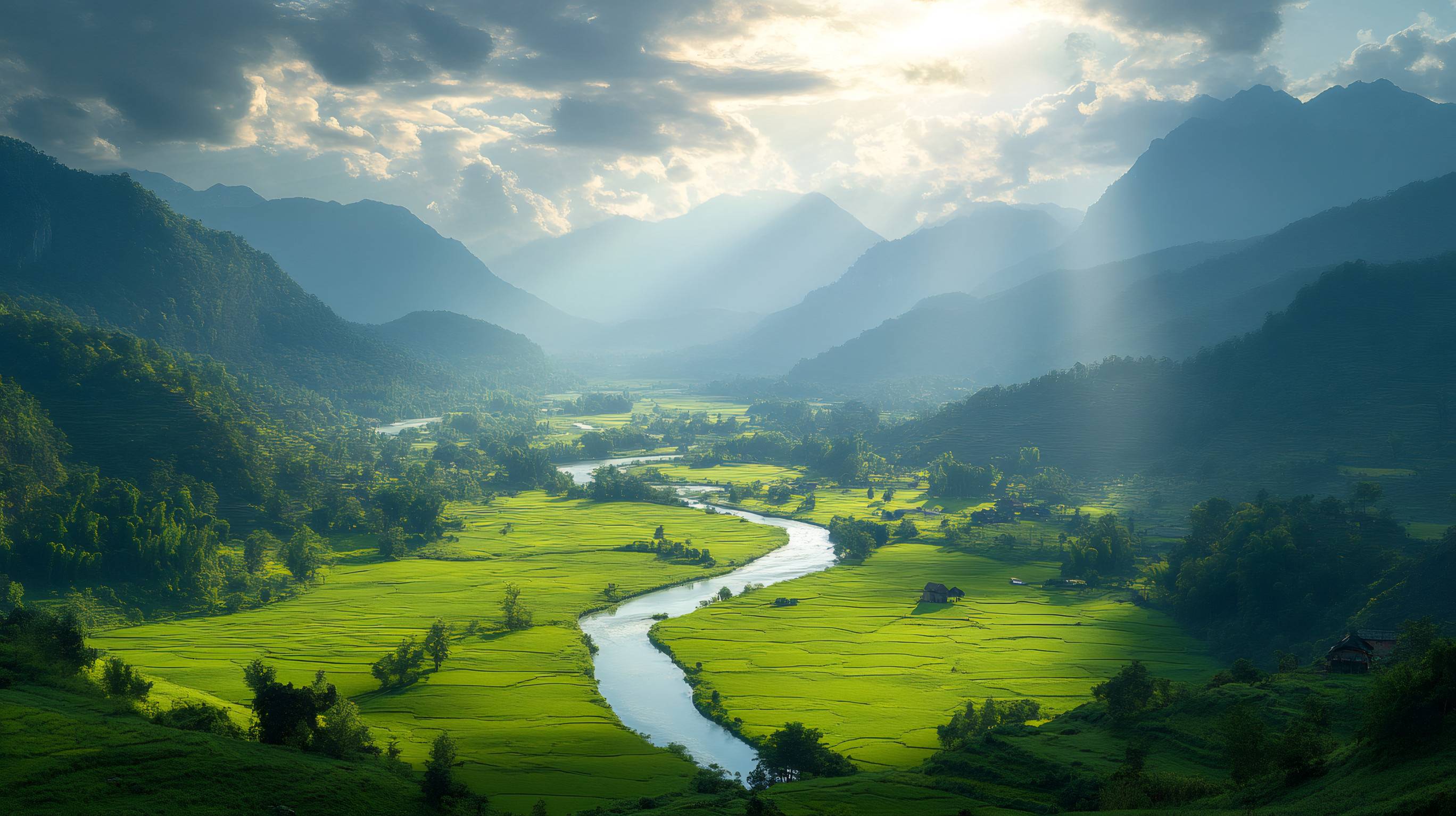 Scenic Landscape Showcasing Sun Rays Illuminating A Winding River