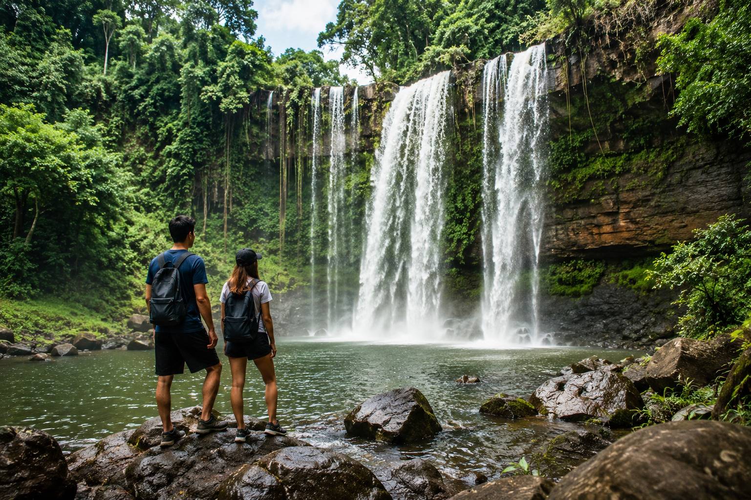 Visitors Admiring Bousra Waterfall In Mondulkiri