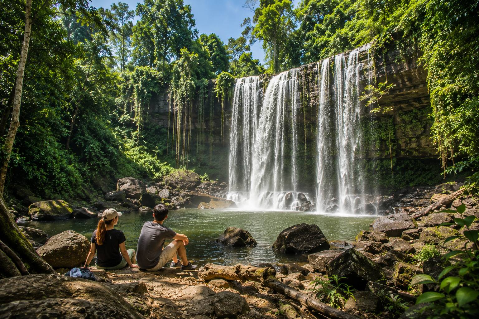 Visitors Relaxing Beside Phnom Kulen Waterfall